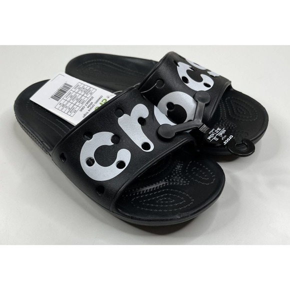 NEW Crocs Classic Logo Slide Rubber Sandals Size 6 Women's Black Roomy Fit - Picture 5 of 7